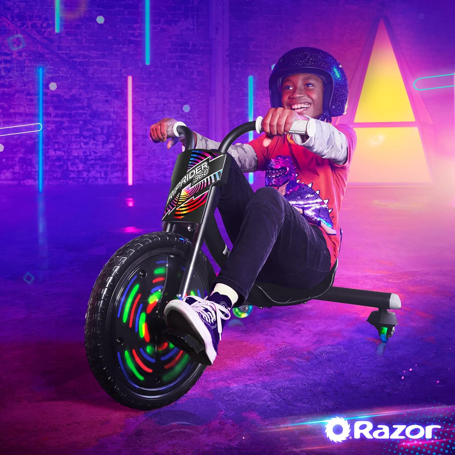 دراجة Razor RipRider 360 Lightshow Drifting ثلاثية العجلات للأطفال من سن 5 سنوات فما فوق، مزودة بدواسة ومصابيح LED متعددة الألوان تعمل بالحركة وعجلات خلفية