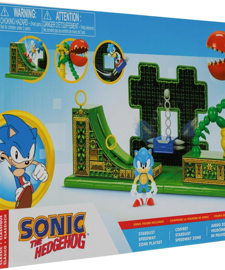 مجموعة ألعاب سونيك القنفذ ستارداست سبيدواي زون، مقاس 2.5 بوصة، شخصية سونيك الكلاسيكية، منصات تفاعلية للمنحدرات والمسامير، قطع بيئية قابلة للتجميع، شاشة قابلة للتخصيص، تعمل بالطاقة للأطفال، لا تحتاج إلى بطاريات، جاكس باسيفيك