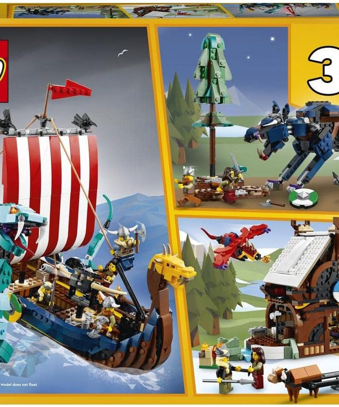 مجموعة بناء سفينة الفايكنج وثعبان ميدجارد 31132 من ليجو كريتور، 3 في 1، مع 4 مجسمات صغيرة، مناسبة للأطفال من عمر 9 سنوات فما فوق