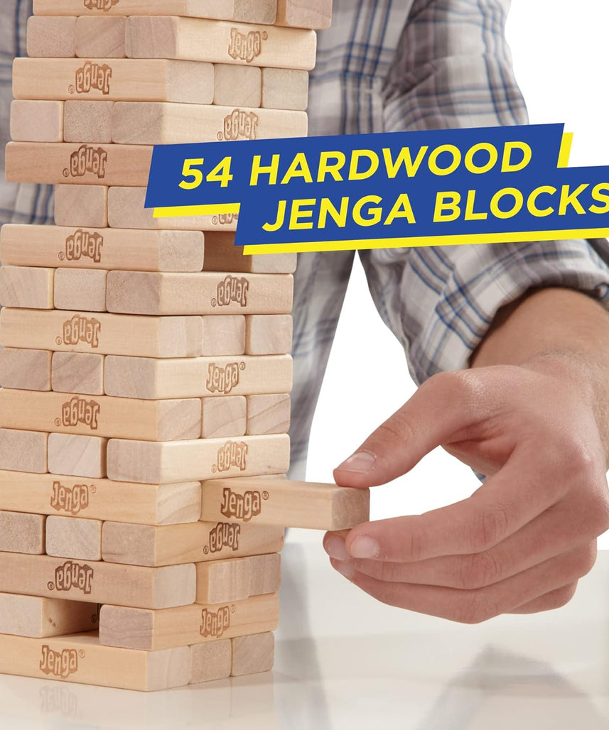 لعبة جينجا الكلاسيكية، جينجا من هاسبرو، ٥٤ مكعبًا من الخشب الصلب، لعبة برج التكديس، لعبة لوحية عائلية، لعبة أطفال، لعبة داخلية، للأعمار من ٦ سنوات فما فوق، لاعب واحد أو أكثر
