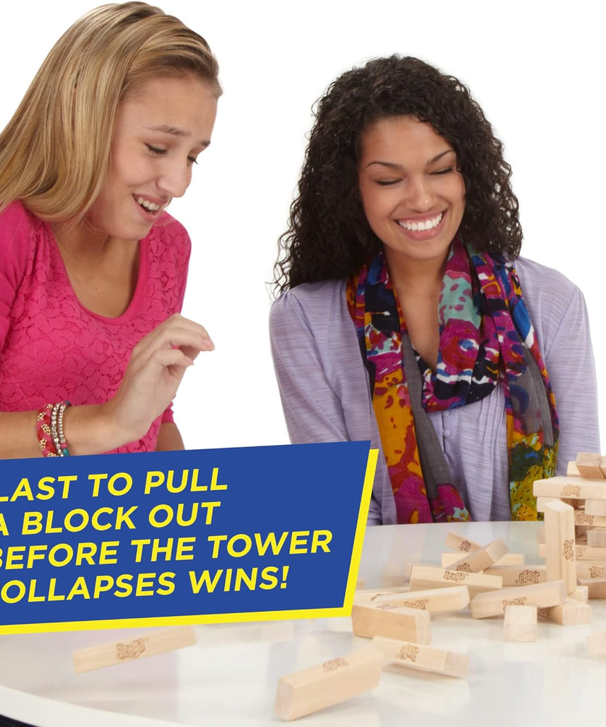 لعبة جينجا الكلاسيكية، جينجا من هاسبرو، ٥٤ مكعبًا من الخشب الصلب، لعبة برج التكديس، لعبة لوحية عائلية، لعبة أطفال، لعبة داخلية، للأعمار من ٦ سنوات فما فوق، لاعب واحد أو أكثر