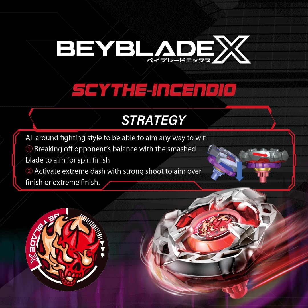 Takara Tomy Beyblade X Launcher Scythe Incendio 4-60T Starter Pack Top & Launcher, Easy Grip, Battle Top Toy, Bey Toy for 8+ Year Old Boys Girls, Authentic Die-cast Metal Parts, Powerful Attacks
