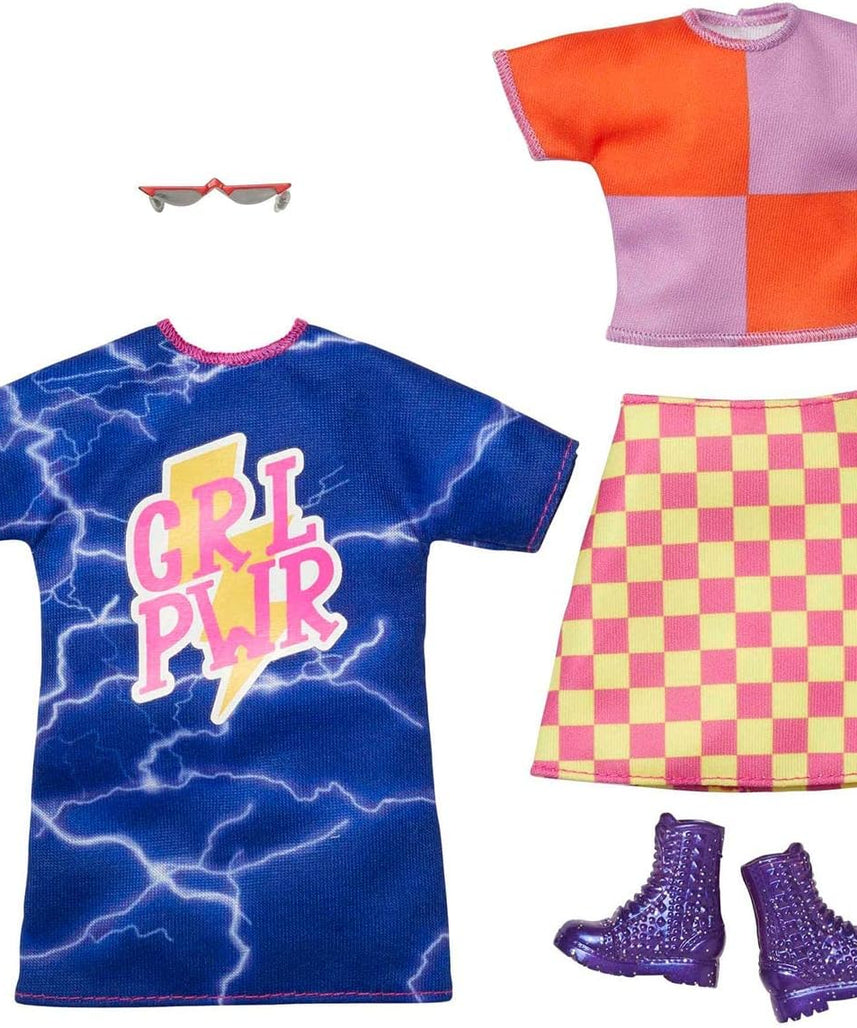 Barbie Fashions 2-Pack Clothing Set, 2 Outfits for Barbie Doll includes Off-The-Shoulder Butterfly Print Dress, Butterfly Tank & Blue Shorts & 2 Accessories, Gift for Kids 3 to 8 Years Old