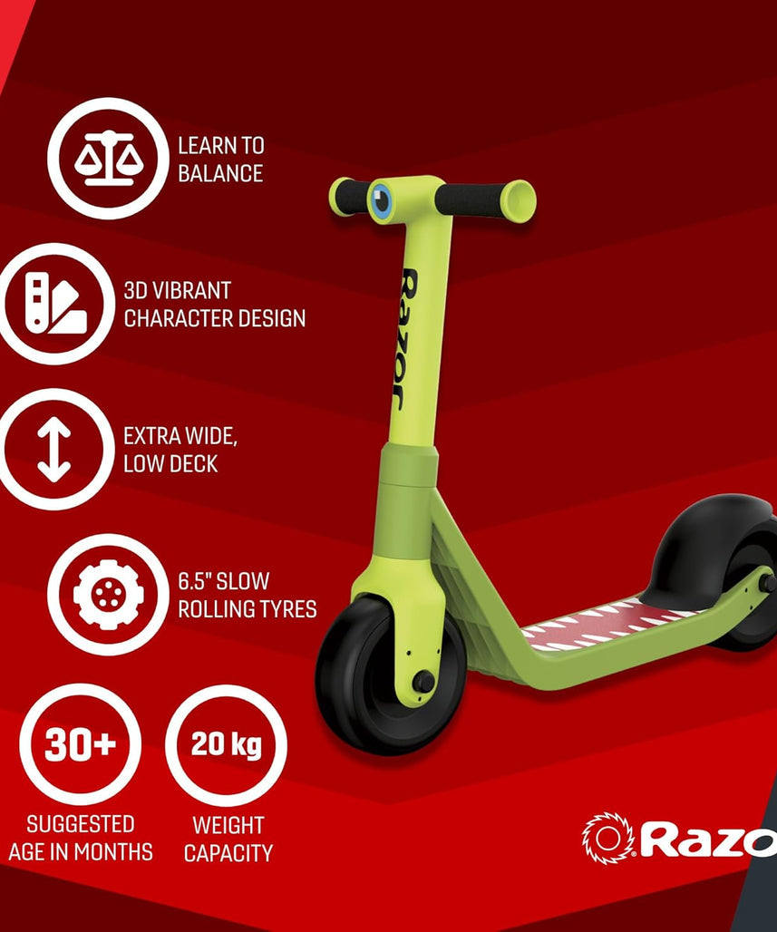 Razor Wild Ones Junior Kick Scooter Dino Green, Wide Deck Balance Trainer, Extra Wide Slow Rolling Wheels, Steel Reinforced Handlebars, Indoor Outdoor Ride On for Kids 30+ Months