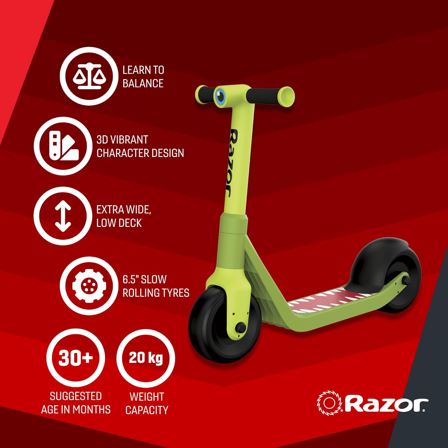 Razor Wild Ones Junior Kick Scooter Dino Green, Wide Deck Balance Trainer, Extra Wide Slow Rolling Wheels, Steel Reinforced Handlebars, Indoor Outdoor Ride On for Kids 30+ Months