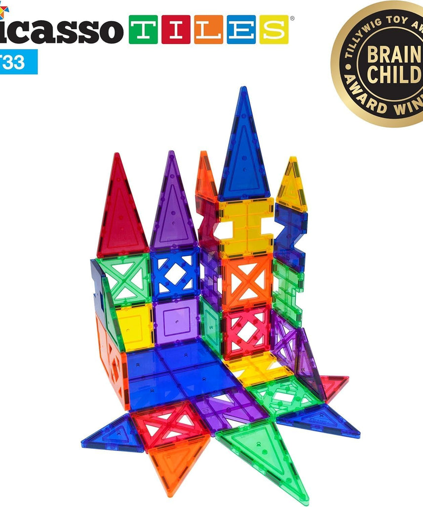 PicassoTiles 33 Piece Building Blocks 33pcs Educational Kit 3D Building Construction Toy Set Clear Magnetic Stacking Block STEM Playboard Magnet Felt Tiles Novelty Game, Creativity Beyond Imagination