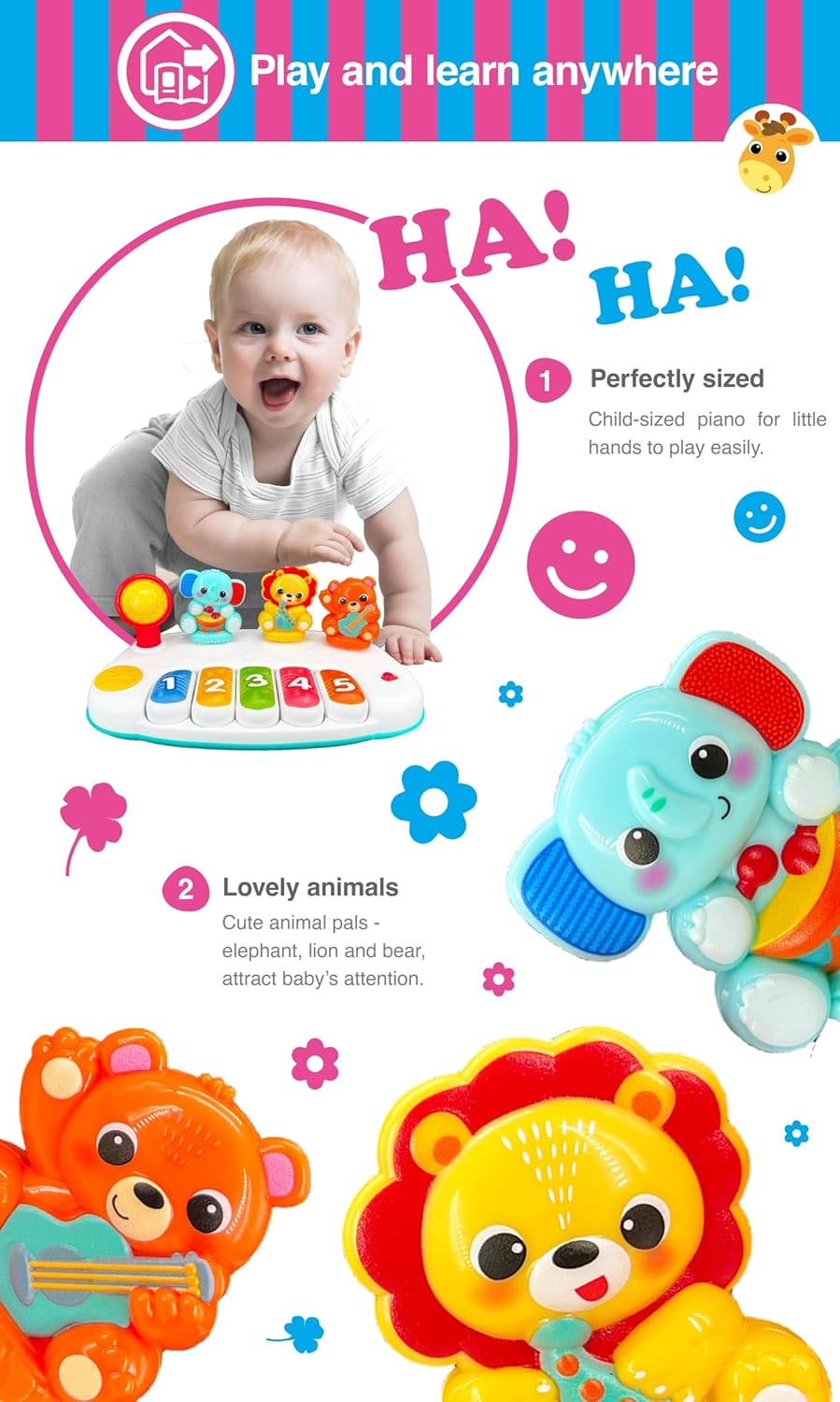 Winfun Jungle Pals Piano Interactive Toy for Kids, Musical Keyboard Baby Toy with Animal Sounds and Light Up Features, Early Learning Music Toy for 12+ Months