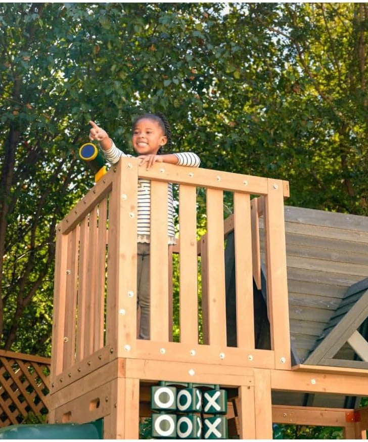 KidKraft Summit View Wooden Swing Set / Playset – Deluxe Outdoor Clubhouse with Slides, Swings, Fireman’s Pole, and Kitchen for Kids Age 3-10 Years