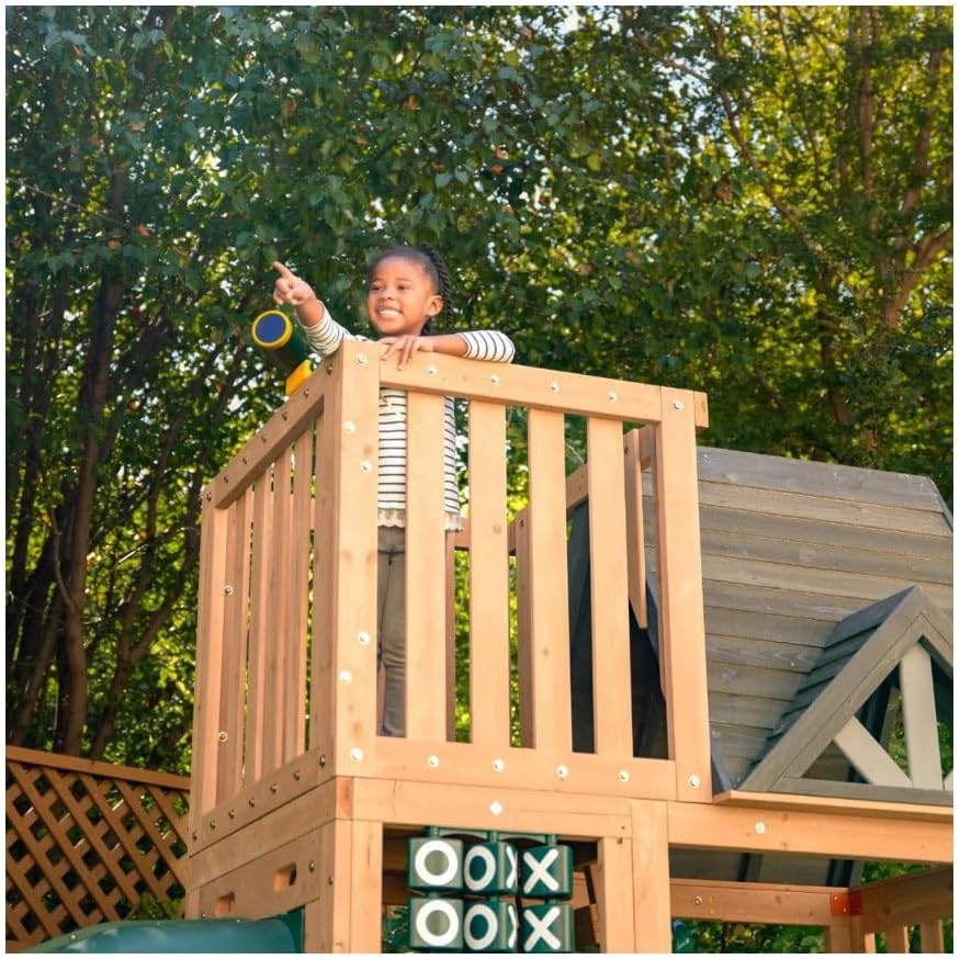 KidKraft Summit View Wooden Swing Set / Playset – Deluxe Outdoor Clubhouse with Slides, Swings, Fireman’s Pole, and Kitchen for Kids Age 3-10 Years