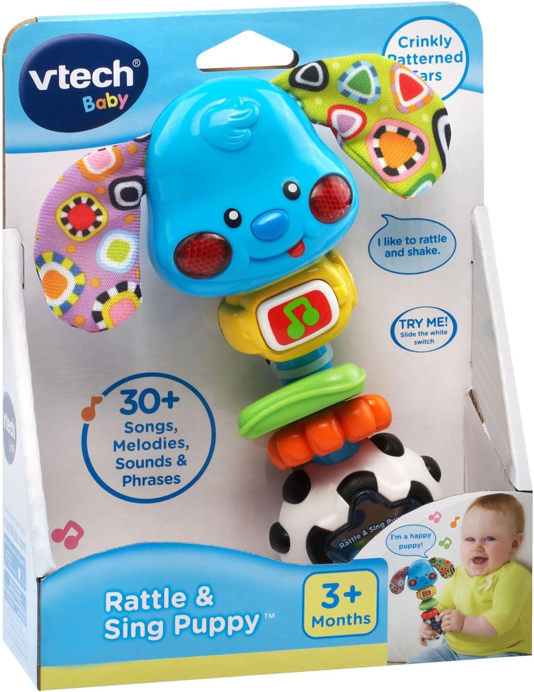 VTech Rattle and Sing Puppy Baby Musical Rattle with Lights Sounds and Textures Multicolour 3–36 Months