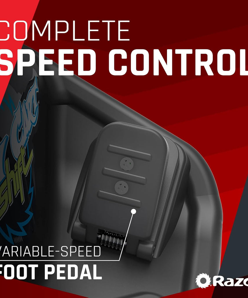 عربة سباق كهربائية Razor Crazy Cart Shift 12 فولت للأطفال من سن 6 سنوات فما فوق، مفتاح سرعة عالية/منخفضة قابل للتعديل، نظام دريفت مبسط، حتى 8 أميال في الساعة، وقت تشغيل 40 دقيقة، أقصى وزن 120 رطلاً