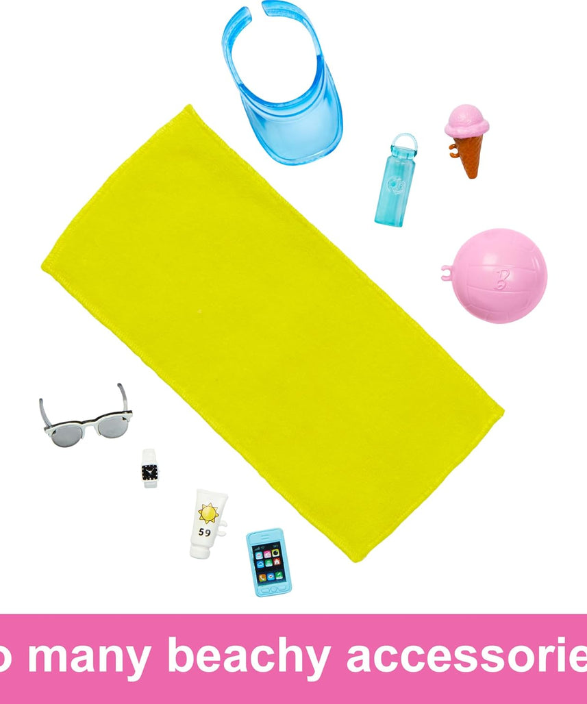 Barbie Blonde Ken Doll with Blue Button-Down and Swim Trunks, Beach-Themed Accessories for Imaginative Role Play, Ages 3+