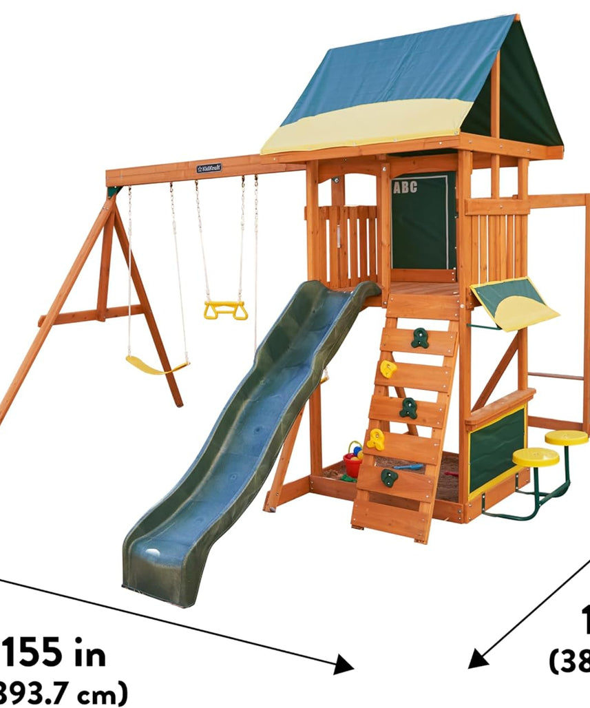KidKraft Brightside Wooden Swing Set with High-Rail Wave Slide, Rock Wall, Upper Clubhouse, Monkey Bars, Sandbox and Belt Swings, Outdoor Backyard Playset for Kids Ages 3 to 10