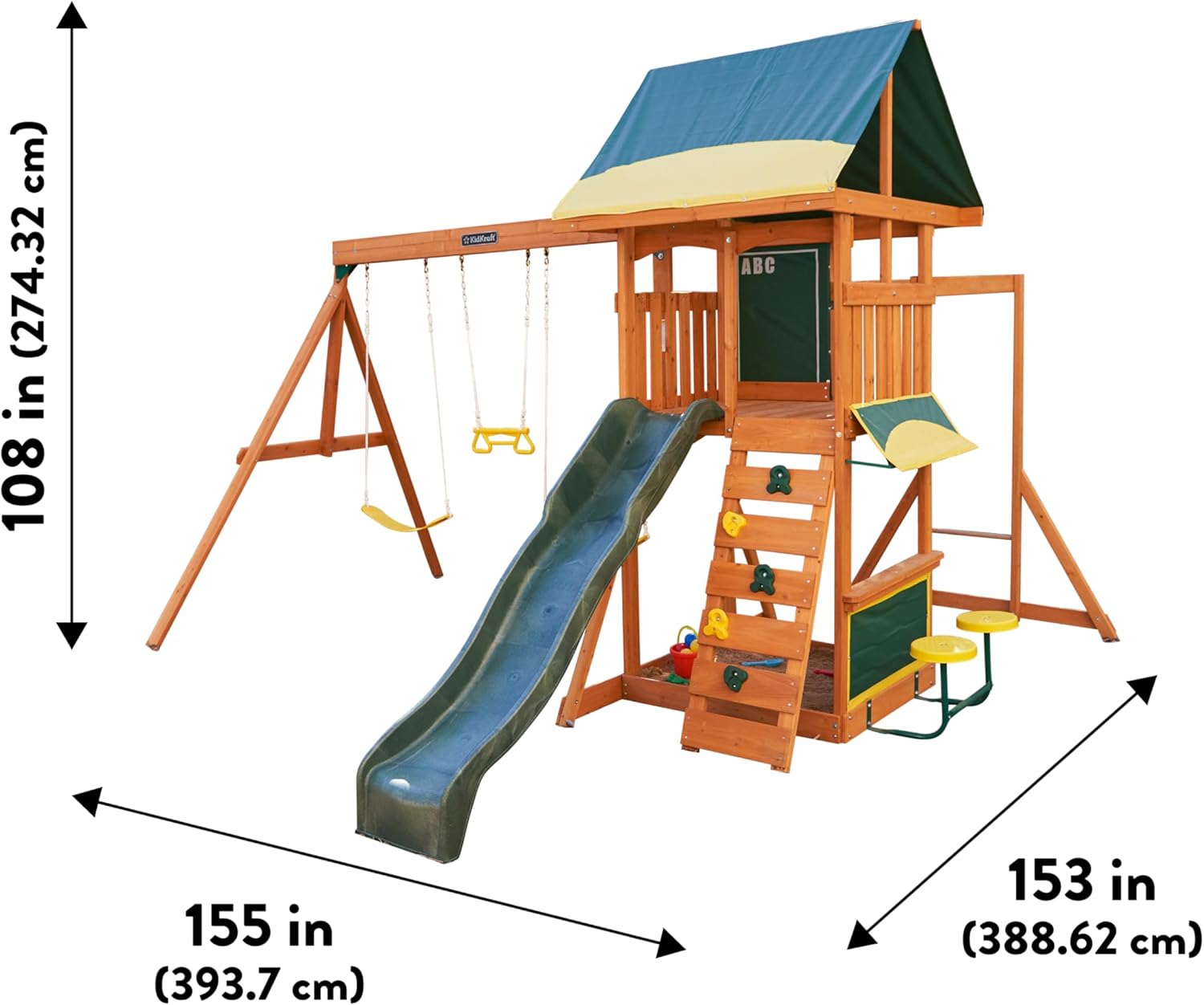 KidKraft Brightside Wooden Swing Set with High-Rail Wave Slide, Rock Wall, Upper Clubhouse, Monkey Bars, Sandbox and Belt Swings, Outdoor Backyard Playset for Kids Ages 3 to 10