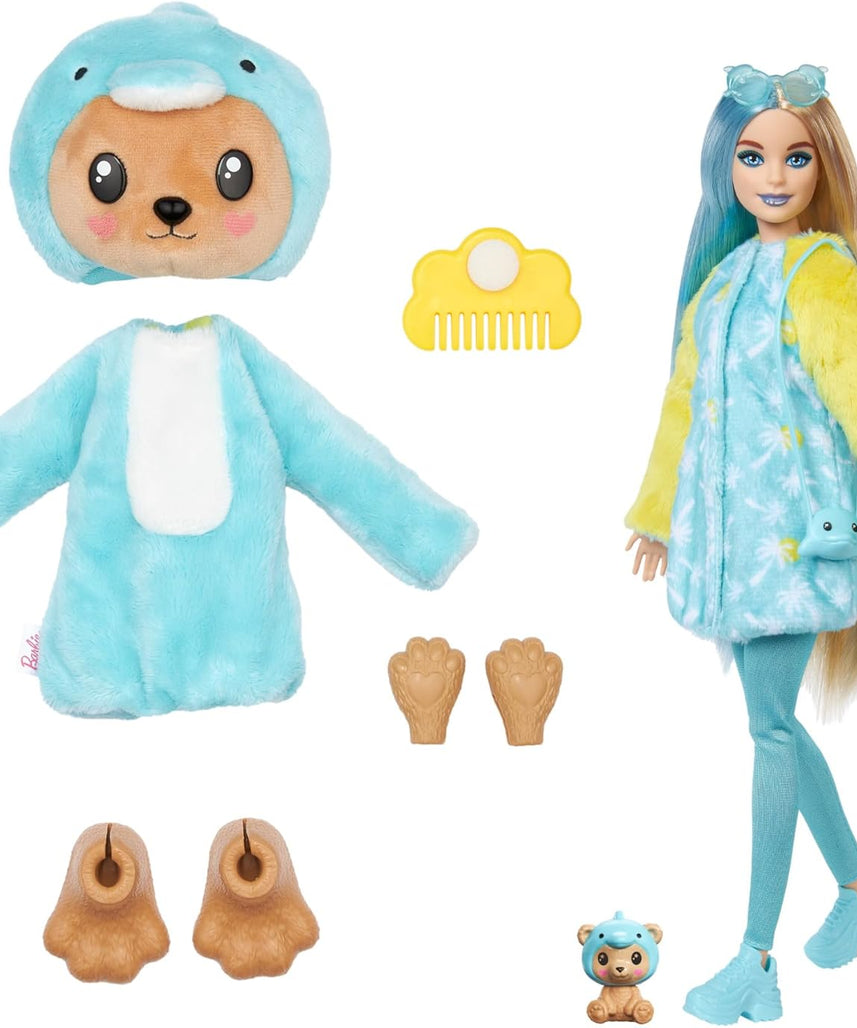 Barbie Cutie Reveal Teddy Bear as Dolphin Costume-Themed Series Doll with 10 Surprises, Color-Change Features & Accessories for Kids Age 3+