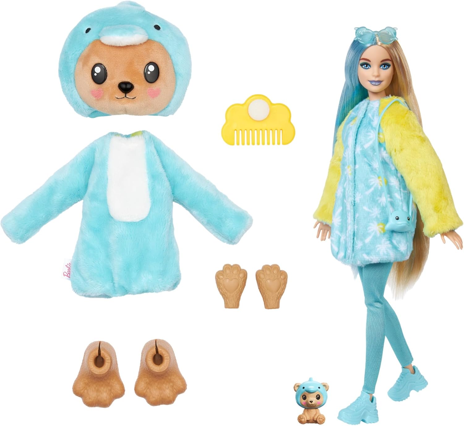 Barbie Cutie Reveal Teddy Bear as Dolphin Costume-Themed Series Doll with 10 Surprises, Color-Change Features & Accessories for Kids Age 3+