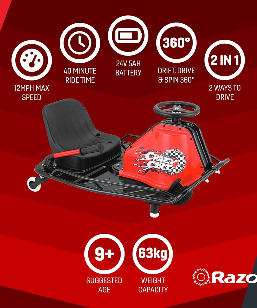 عربة ريزور كريزي كارت جونيور 2.0 - سيارة كارت كهربائية للانجراف للأطفال من سن 9 سنوات فما فوق، سرعات تصل إلى 19 كم/ساعة، مع مقود انجراف، مدة ركوب 40 دقيقة، آلة انجراف مثالية