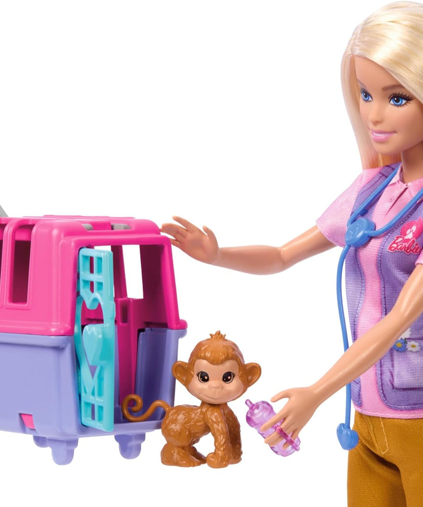 مجموعة ألعاب إنقاذ الحيوانات من باربي مع دمية شقراء وشخصيات قرد صغير ونمر وإكسسوارات للأطفال من سن 3 سنوات فما فوق