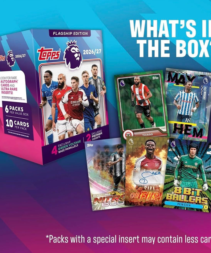 Topps Premier League Trading Cards 2026/27 Value Box, 60 Cards with 4 Green Voltage Parallels and 2 Exclusive Mayhem Inserts, Football Trading Card Collection, Officially Licensed Premier League Merchandise, 6+ Years