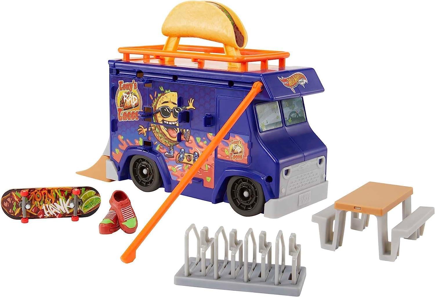 Hot Wheels Skate Taco Truck Play Case with Exclusive Tony Hawk Fingerboard, Skate Shoes, Mobile Skatepark, Storage for Boards and Accessories, Kids Toys for Ages 3 and Up