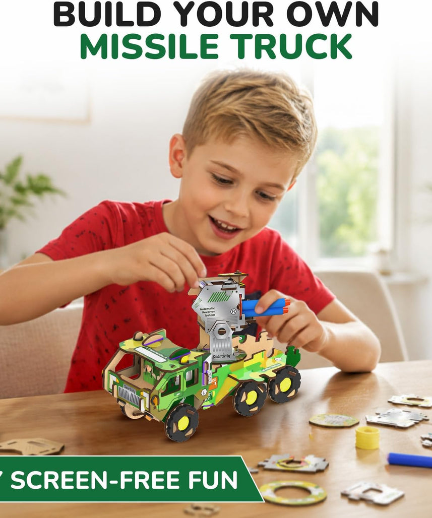 Smartivity DIY Missile Truck for Kids | Build Your Own Military Vehicle with Air-Powered 360° Rotating Launcher & 5 Foam Missiles | STEM Engineering Toy | Birthday Gift Boys & Girls 8 9 10 11 12 13 14