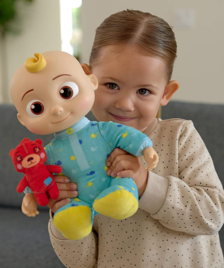 CoComelon Official Musical Bedtime JJ Doll, Soft Plush Baby Toy with Sounds, Press Tummy to Sing Yes Yes Bedtime Song, Includes Teddy Bear Pillow Plush, Toddler Bedtime Toy, 18 Months+