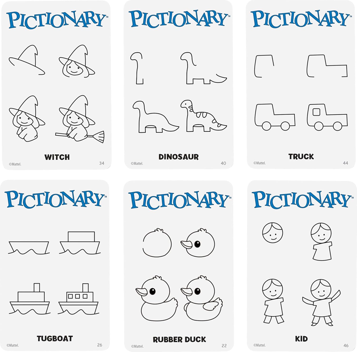 Mattel Games Pictionary Family Board Game for Kids, Adults and Game Night for 2 Teams with Erasable Markers, Boards and Sand Timer