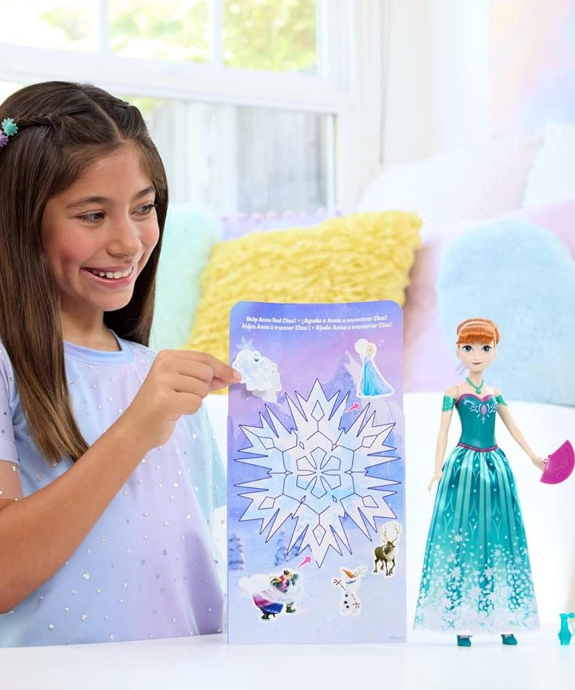Mattel Disney Frozen Anna Fashion Doll Set Spin & Reveal with 11 Surprises Including 5 Accessories, 5 Stickers and a Play Scene Inspired by Disney Movie JBG60