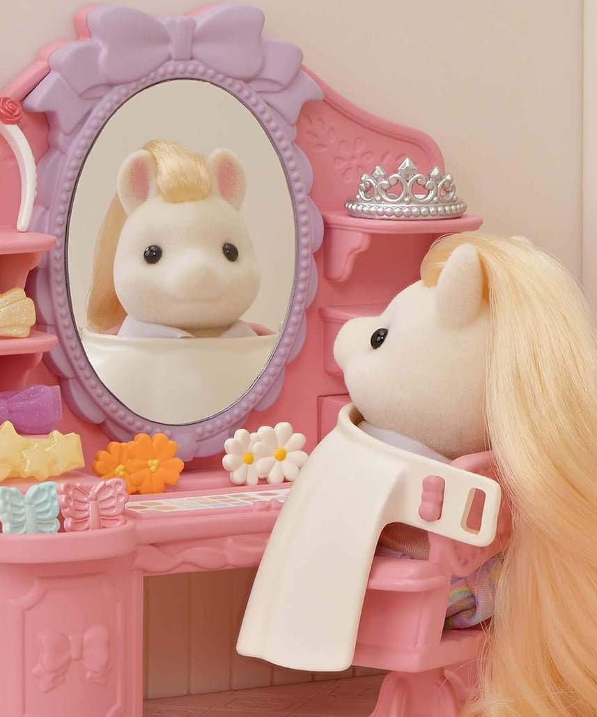 Sylvanian Families Pony's Stylish Hair Salon Set (5642) – 2-Story Salon with Sally Pony Figure, Hair Accessories, Styling Book, Dresser & Shampoo Basin – Educational Role-Playing Toy for Ages 3+