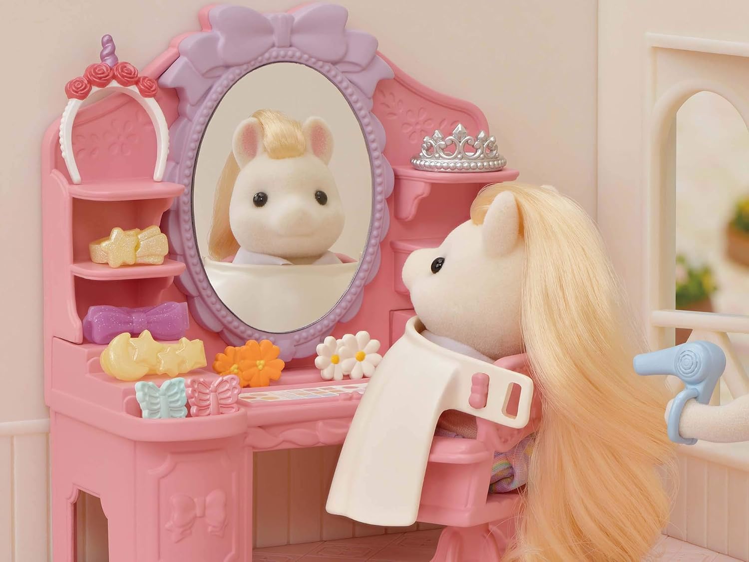 Sylvanian Families Pony's Stylish Hair Salon Set (5642) – 2-Story Salon with Sally Pony Figure, Hair Accessories, Styling Book, Dresser & Shampoo Basin – Educational Role-Playing Toy for Ages 3+