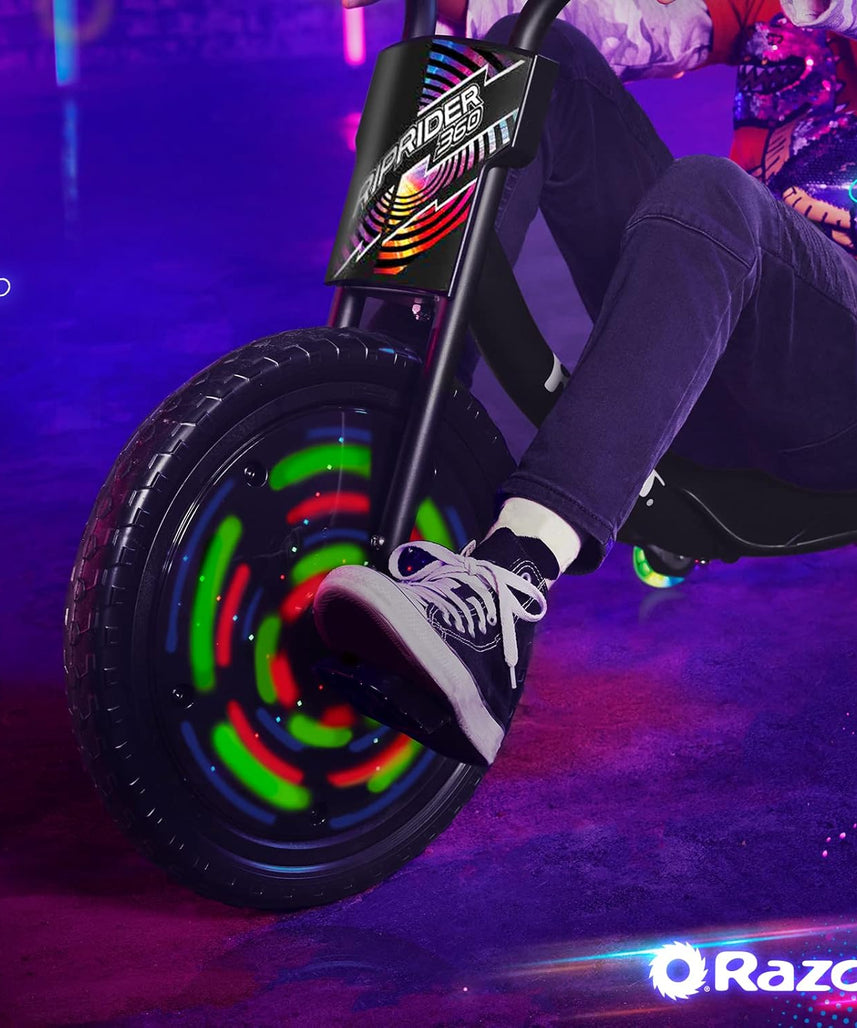 دراجة Razor RipRider 360 Lightshow Drifting ثلاثية العجلات للأطفال من سن 5 سنوات فما فوق، مزودة بدواسة ومصابيح LED متعددة الألوان تعمل بالحركة وعجلات خلفية