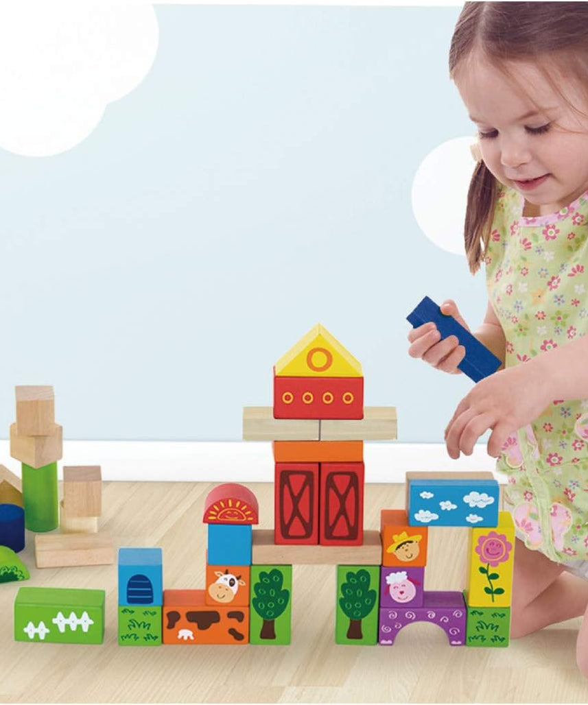 Eitech Viga Wooden Farm Building & Stacking Blocks Tub - 50 Piece - Childrens Construction Toy