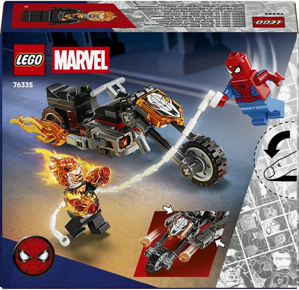 LEGO | Marvel Spider-Man vs. Ghost Rider Motorcycle - Superhero Toy w/a Motorbike Model, 2 Minifigures, Web String & Fire Elements - Gift for 6+ Year Old Boys - 76335