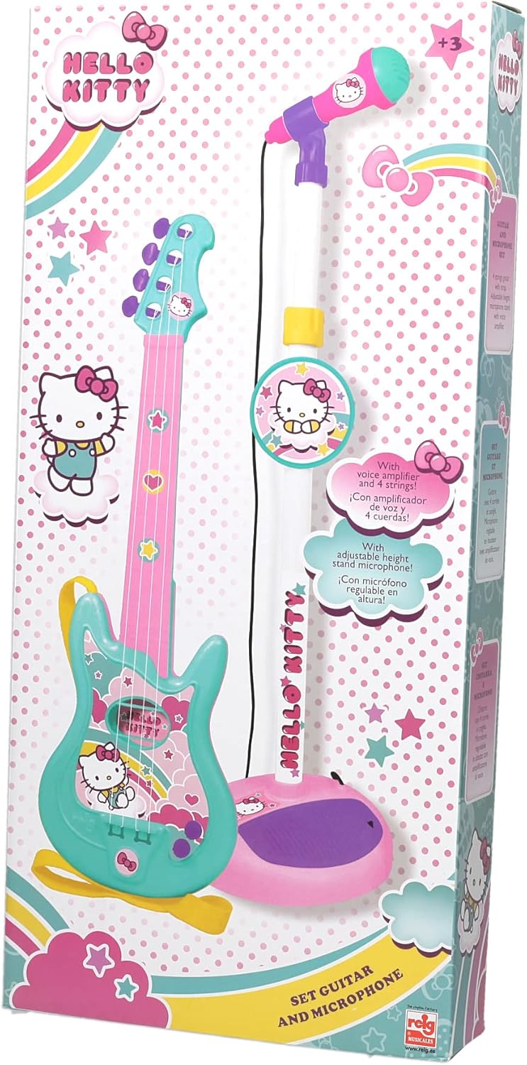 Hello Kitty Microphone and Guitar Set for Kids, Complete Musical Toy with Adjustable Mic Stand and Speaker, Pretend Play Instrument for Boys and Girls, 3Y+ Years