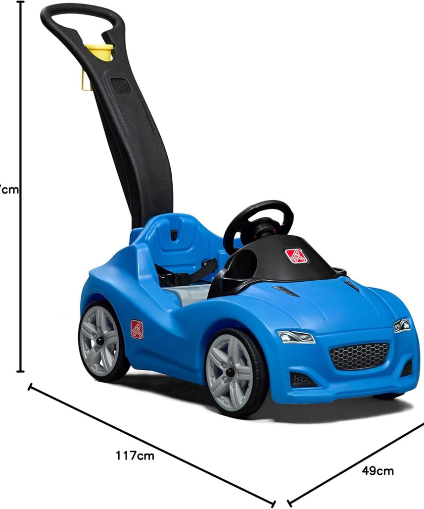 Step2 Whisper Ride Cruiser Kids Push Car with Parent Handle, Seat Belt, Horn & Storage Trunk, Single Seater Ride-On Toy for Boys and Girls, Gray, Pink & Blue, Ages 18 Months+