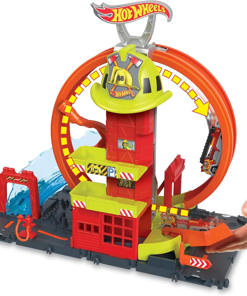 مجموعة ألعاب محطة إطفاء هوت ويلز سيتي سوبر لوب، مجموعة مسارات حلقية قابلة للتعديل مع شاحنة إطفاء واحدة، ميزات محطة الإطفاء، مواقف سيارات ومسارات قابلة للتوصيل، ألعاب للأطفال من سن 4 سنوات فما فوق