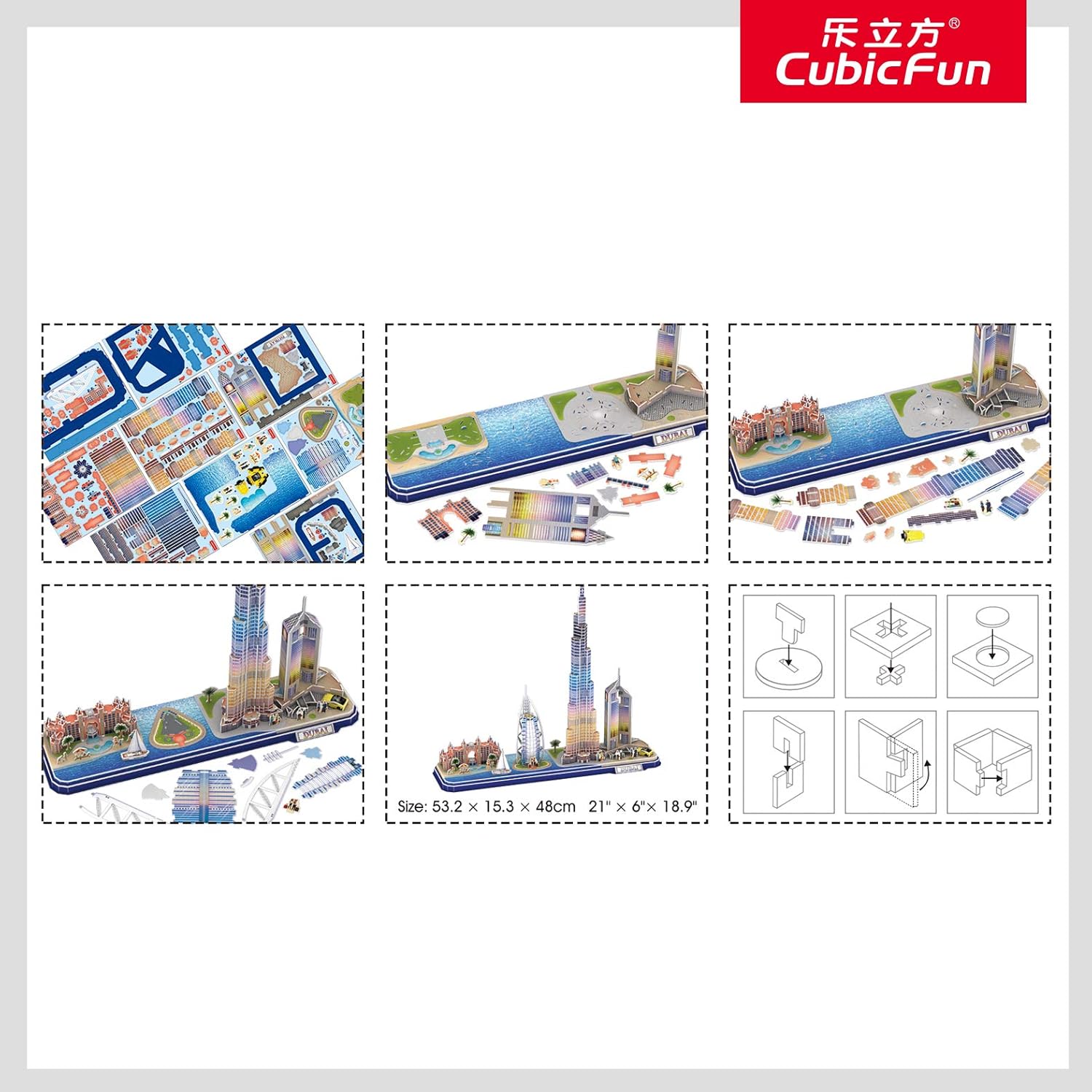 CubicFun 3D Puzzle LED Dubai Cityline Architecture Model Kit 182 Pieces City Skyline Display Gift for Adults + Kids Travel Souvenir