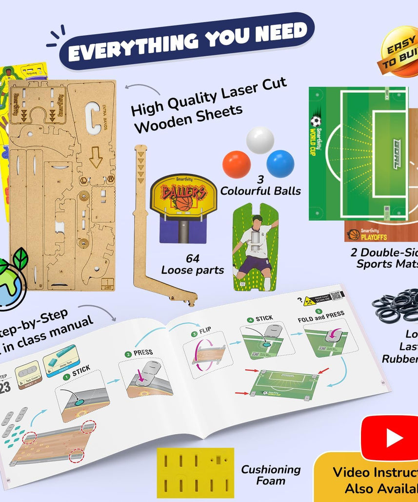 Smartivity 3in1 Basketball, Soccer, Bowling I Indoor Sports Game for Kids 6-12 Years Old I for Boys & Girls | DIY STEM Toy for Kids 6,7,8,9,10,11,12, Years I Wooden Construction Kit