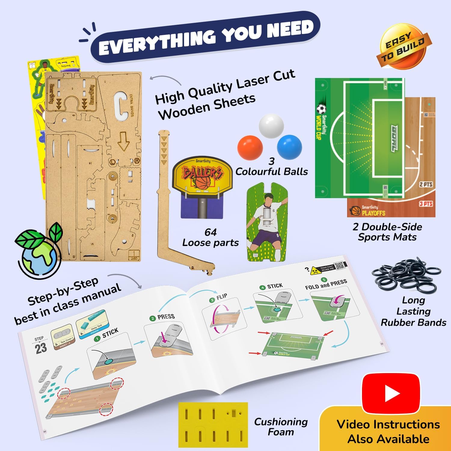 Smartivity 3in1 Basketball, Soccer, Bowling I Indoor Sports Game for Kids 6-12 Years Old I for Boys & Girls | DIY STEM Toy for Kids 6,7,8,9,10,11,12, Years I Wooden Construction Kit