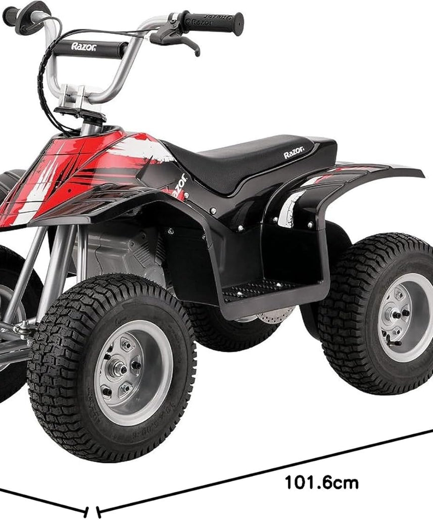 دراجة Razor Dirt Quad الكهربائية رباعية العجلات، بقوة 24 فولت، مناسبة للأطفال من سن 8 سنوات فما فوق، مزودة بخانق دوار، وفرامل قرصية يدوية، وإطارات هوائية 12 بوصة - تصل سرعتها إلى 8 أميال في الساعة، ومدة ركوبها 40 دقيقة.