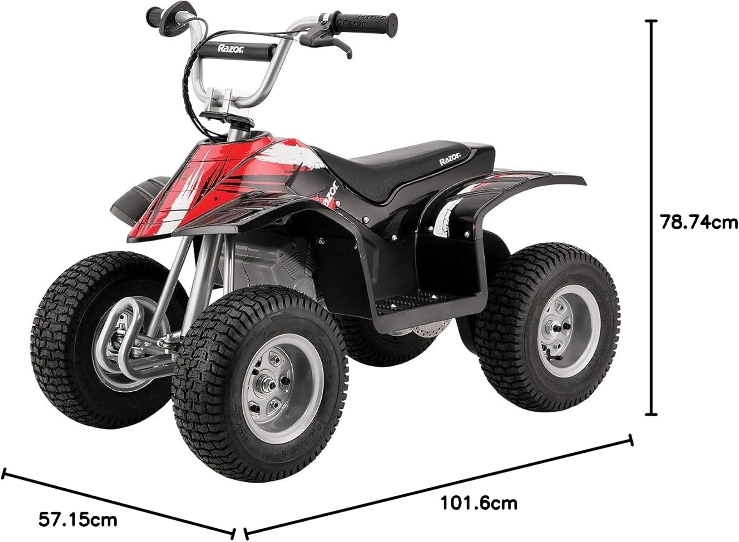 دراجة Razor Dirt Quad الكهربائية رباعية العجلات، بقوة 24 فولت، مناسبة للأطفال من سن 8 سنوات فما فوق، مزودة بخانق دوار، وفرامل قرصية يدوية، وإطارات هوائية 12 بوصة - تصل سرعتها إلى 8 أميال في الساعة، ومدة ركوبها 40 دقيقة.
