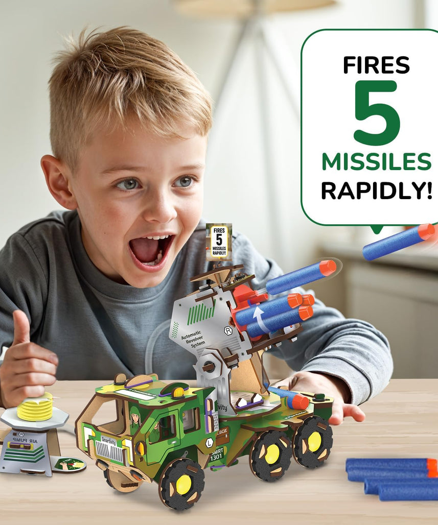 Smartivity DIY Missile Truck for Kids | Build Your Own Military Vehicle with Air-Powered 360° Rotating Launcher & 5 Foam Missiles | STEM Engineering Toy | Birthday Gift Boys & Girls 8 9 10 11 12 13 14