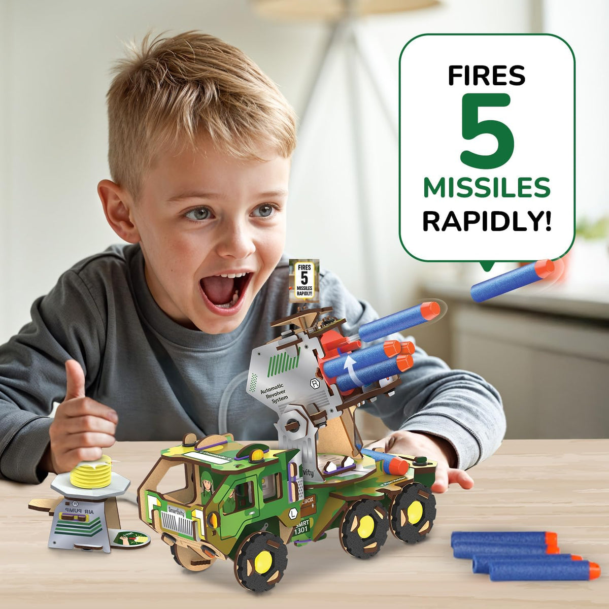Smartivity DIY Missile Truck for Kids | Build Your Own Military Vehicle with Air-Powered 360° Rotating Launcher & 5 Foam Missiles | STEM Engineering Toy | Birthday Gift Boys & Girls 8 9 10 11 12 13 14