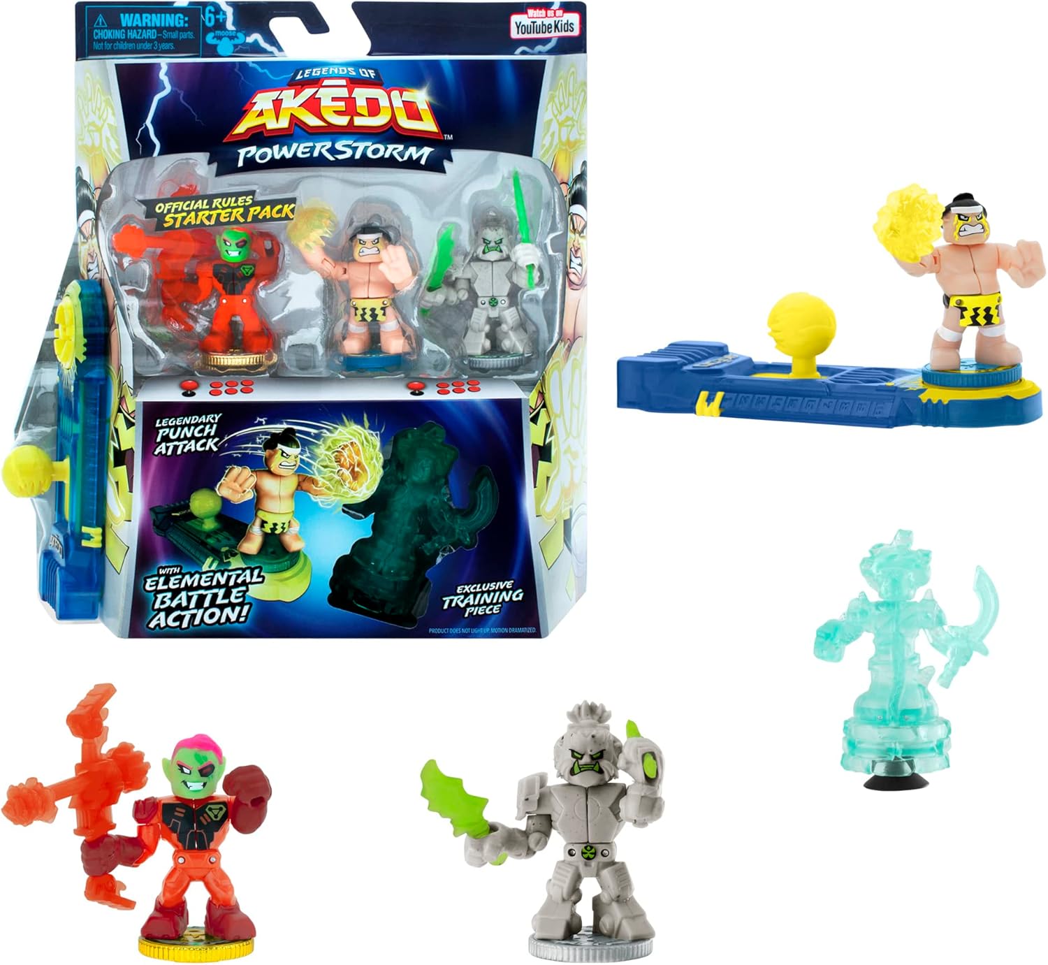 مجموعة لعب Moose Toys Akedo Legends of Power Storm ذات القواعد الرسمية للمبتدئين مع 3 محاربين متقاتلين، تمثال حجري للتدريب، ووحدة تحكم عصا تحكم حصرية للأطفال من سن 6 سنوات فما فوق - مجموعات ألعاب