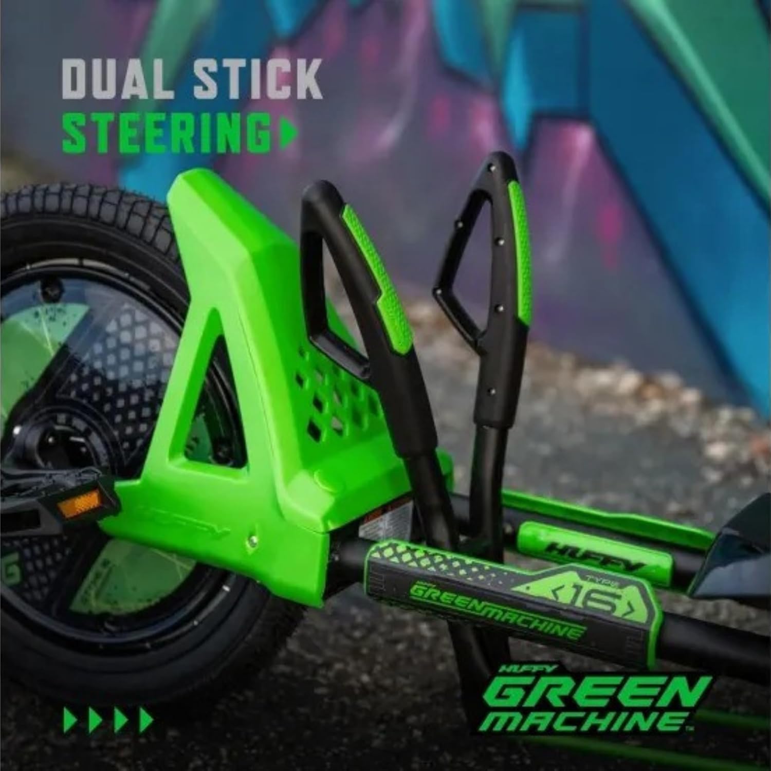 Huffy Green Machine 16 Inch Drift Trike, Pedal Powered Ride On with Dual Stick Steering and Adjustable Seat, Kids Outdoor Spin and Drift Trike, Ages 5Y+