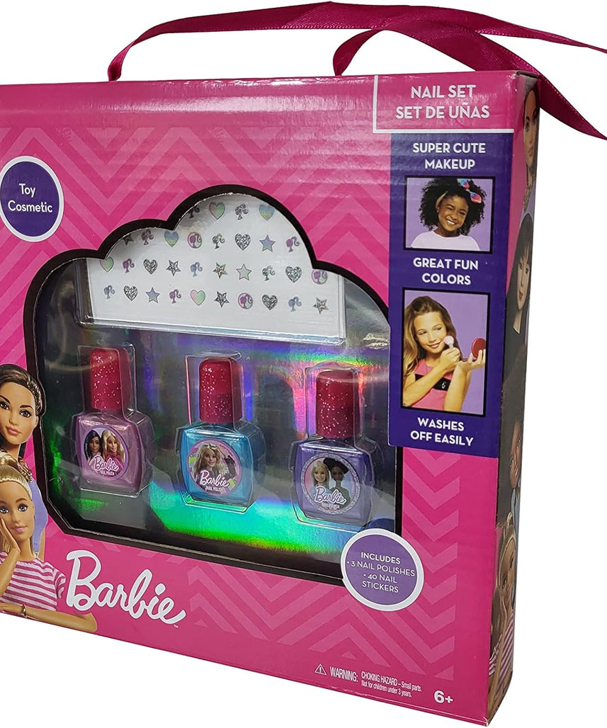 Barbie Nail Polish Set for Girls with 3 Colorful Peel-Off Nail Polishes with Nail Stickers in Carry Bag & Washable Safe Formula, Fun Toy Cosmetic Gift for Kids Ages 6 and Up