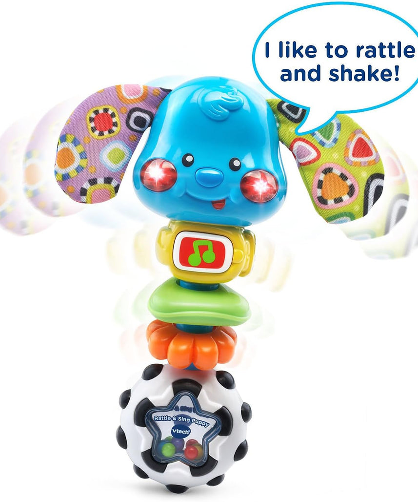 VTech Rattle and Sing Puppy Baby Musical Rattle with Lights Sounds and Textures Multicolour 3–36 Months