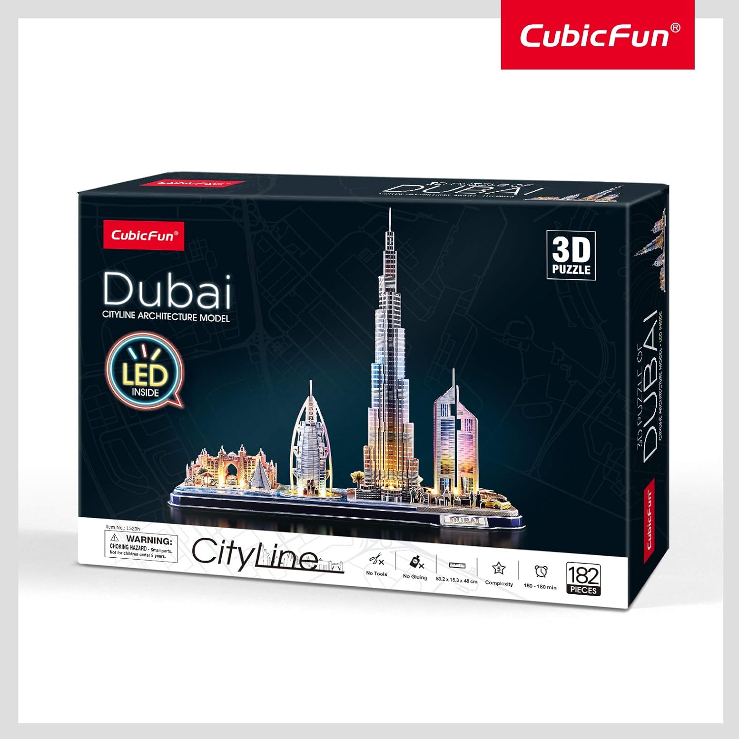 CubicFun 3D Puzzle LED Dubai Cityline Architecture Model Kit 182 Pieces City Skyline Display Gift for Adults + Kids Travel Souvenir