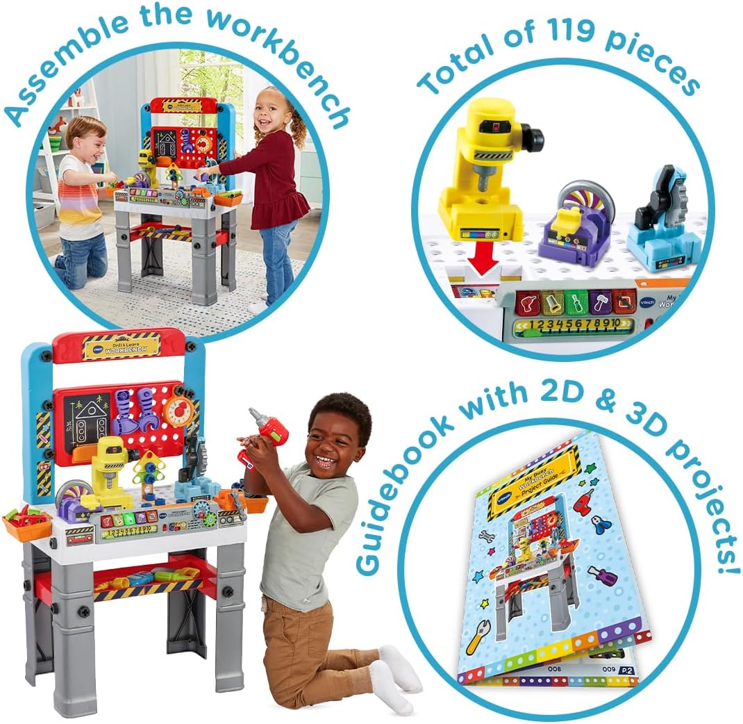 VTech My Busy Workbench, Interactive Toddler Toy, Pretend Play Tools, 100+ Pieces, Lights, Music & Sounds, Kids Gifts 3, 4, 5 + Years, English Version