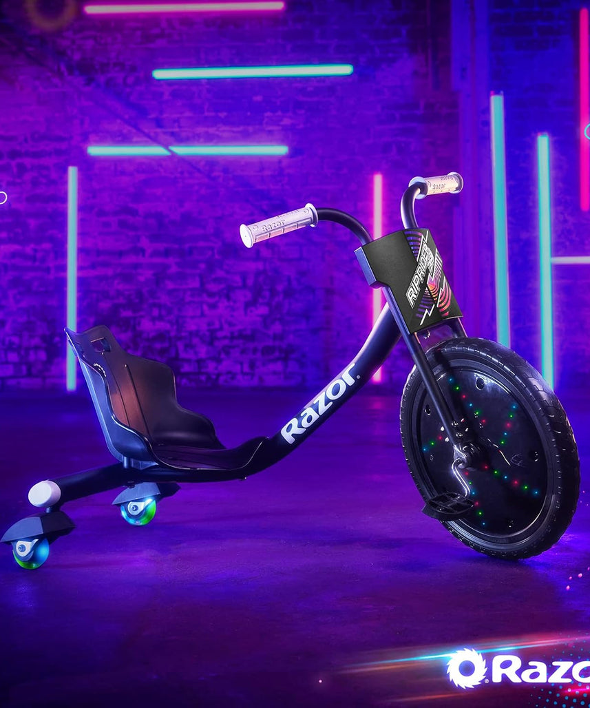 دراجة Razor RipRider 360 Lightshow Drifting ثلاثية العجلات للأطفال من سن 5 سنوات فما فوق، مزودة بدواسة ومصابيح LED متعددة الألوان تعمل بالحركة وعجلات خلفية